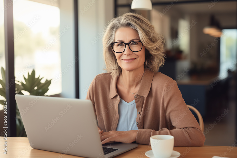 Satisfied mature woman using laptop sitting at home, looking at screen, chatting or shopping online Satisfied mature woman using laptop sitting at home, looking at screen, chatting or shopping online