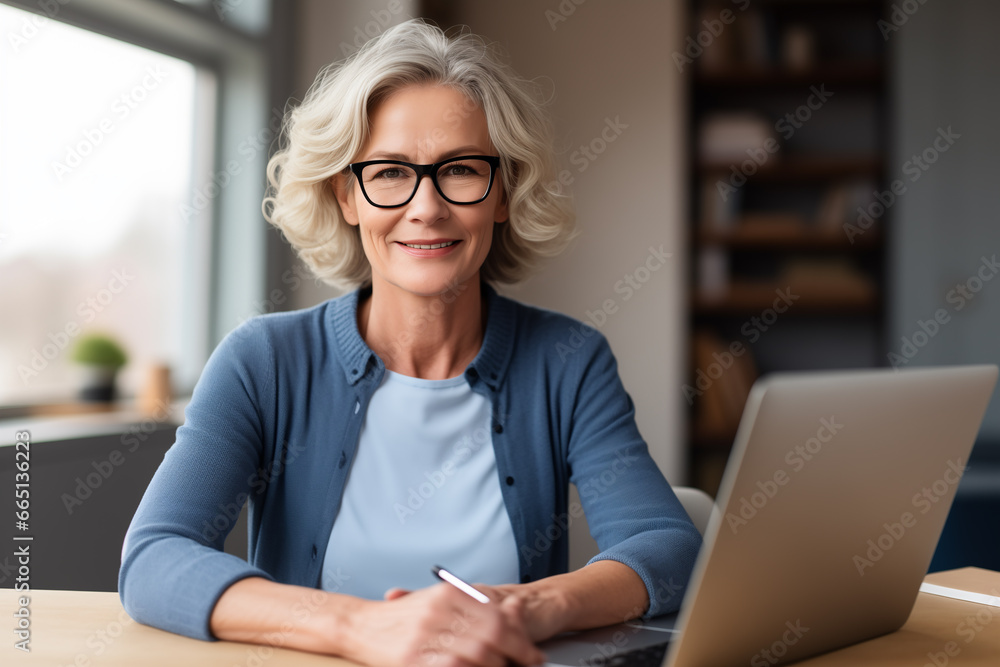 Middle aged senior woman sit with laptop and paper document Middle aged senior woman sit with laptop and paper document