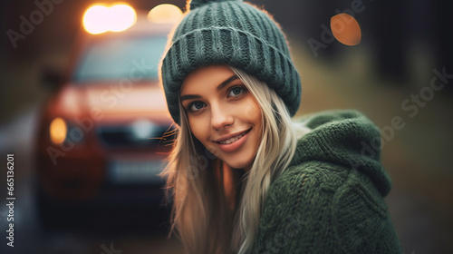 Young blonde woman in green cap smiles in front of car at night.