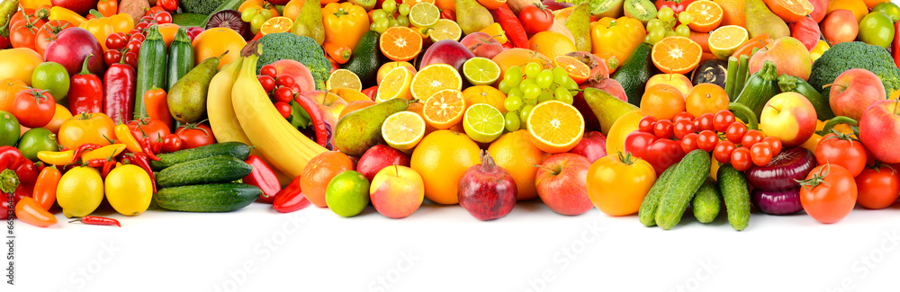 Wide collage of fresh fruits and vegetables for layout isolated on white background. Wide collage of fresh fruits and vegetables for layout isolated on white background.