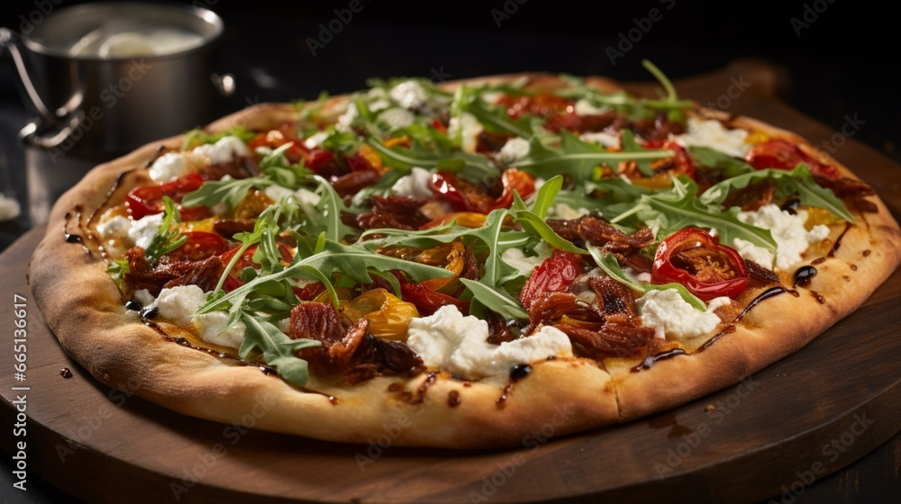 A California-style pizza topped with colorful and fresh ingredients like arugula, sun-dried tomatoes, and goat cheese.