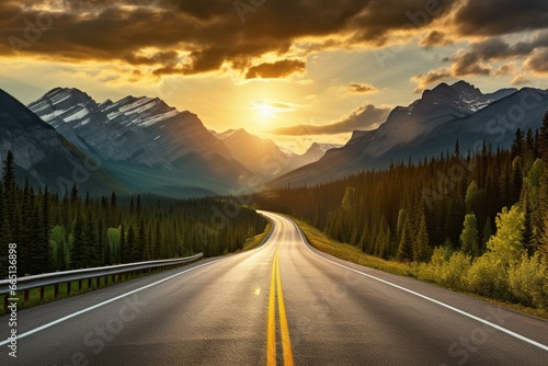 Scenic view of mountains and sunrise over a highway in Canada. Generative AI © Nerissa
