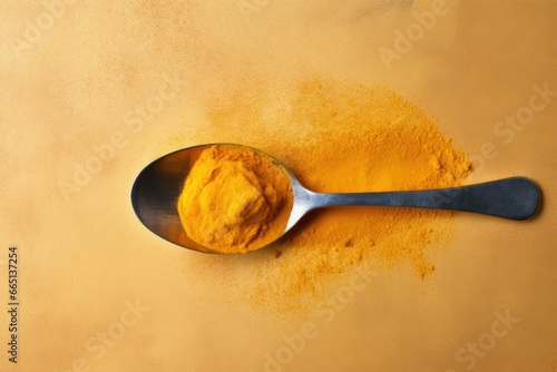 Spoon with ground turmeric. Indian spices. curry. antioxidant