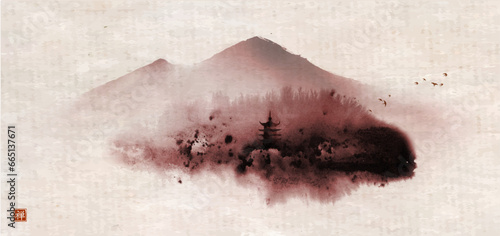Ink wash painting with misty forest mountains and pagoda temple on vintage background. Traditional oriental ink painting sumi-e, u-sin, go-hua. Translation of hieroglyph - zen