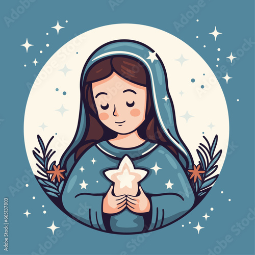 vector illustration of Our Lady Virgin Mary Mother of Jesus, Madonna, scandinavian style, christmas mood,  printable, suitable for logo, sign, tattoo, sticker and other print on demand