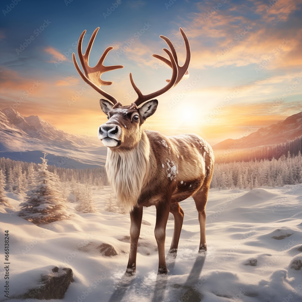 Merry Christmas and Happy New Year: Winter Holidays Background with Reindeer on Snowy Plains in Warm Sunlight, Generative AI