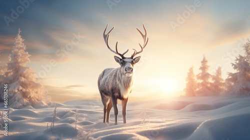 A Merry Christmas and Happy New Year to All: Winter Holidays Background featuring a Christmas Reindeer on Snowy Plains in Warm Sunlight, Generative AI