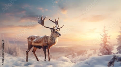 Celebrating a Merry Christmas and Happy New Year with a Winter Holidays Background of a Reindeer on Snowy Plains in Warm Sunlight, Generative AI