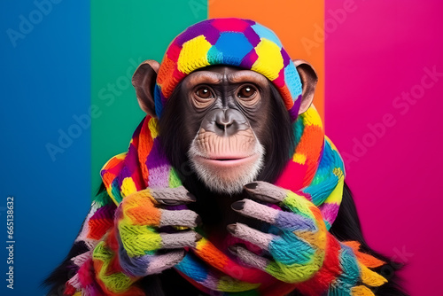Studio portrait of a chimpanzee wearing knitted hat, scarf and mittens. Colorful winter and cold weather concept.