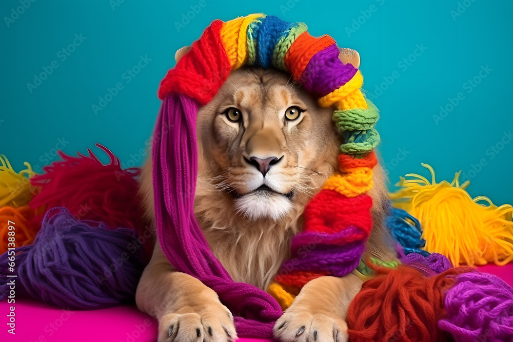 Studio portrait of a lion wearing knitted hat, scarf and mittens. Colorful winter and cold weather concept.