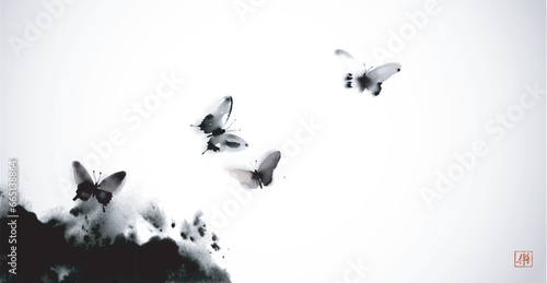 Sumie-inspired design featuring black butterflies on a white background. Elegant and versatile for various creative uses. Traditional Japanese ink wash painting sumi-e. Translation of hieroglyph - joy