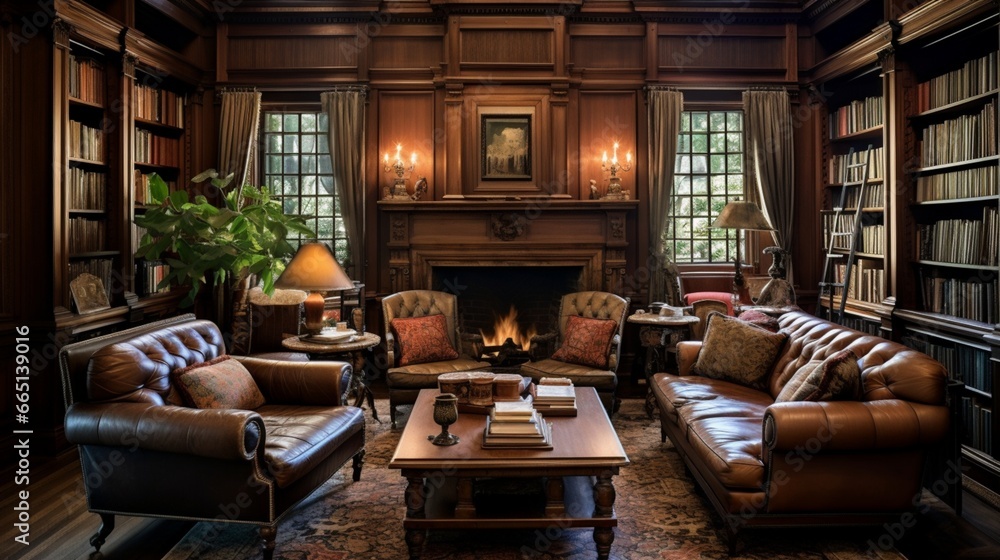 A classic, wood-paneled library with comfortable reading nooks and antique furnishings.