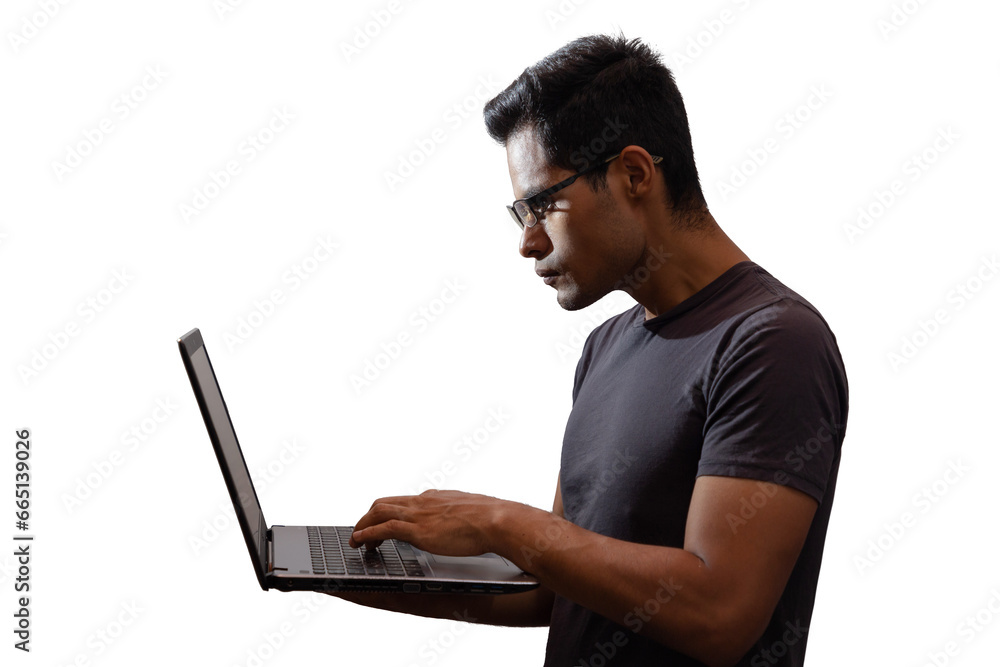 Young Latino with glasses and using a laptop, networking concept, programming, business, cybersecurity. Isolated. Young Latino with glasses and using a laptop, networking concept, programming, business, cybersecurity. Isolated.