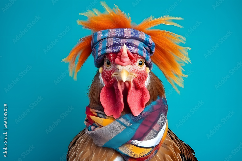 Studio portrait of a rooster or chicken wearing knitted hat, scarf and mittens. Colorful winter and cold weather concept.