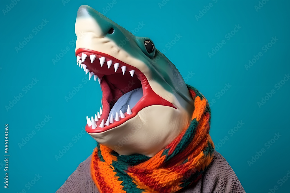 Naklejka premium Studio portrait of a shark wearing knitted hat, scarf and mittens. Colorful winter and cold weather concept.