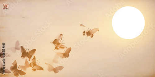 Sumie-inspired design featuring butterflies and sunset sky in vintage style. Traditional Japanese ink wash painting sumi-e. Translation of hieroglyph - joy