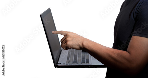 Hands holding a laptop and pointing towards the screen. Networking concept, programming, business, cybersecurity. Isolated.