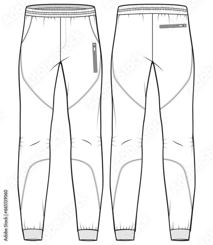 Men's Jogger bottom front and back view flat sketch fashion illustration, Knitted track pants vector template, Sweatpants design drawing