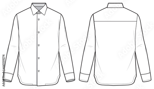 Men's long sleeves slim fit formal shirt flat sketch illustration with front and back view, Woven french placket shirt for formal wear and casual wear fashion illustration template mock up