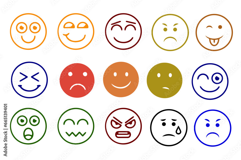 Emoticons icons set. Emoji faces collection. Emojis flat style. Happy happy, smile, neutral, sad and angry emoji. Line smiley face Emoticons icons set. Emoji faces collection. Emojis flat style. Happy happy, smile, neutral, sad and angry emoji. Line smiley face