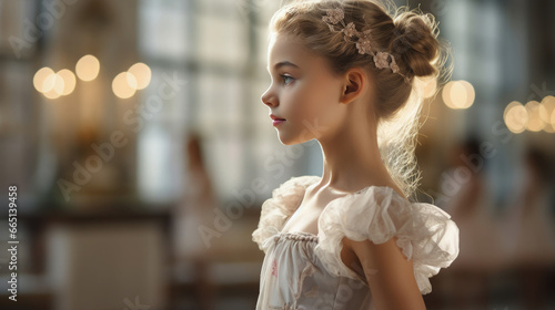Foto little graceful girl ballerina in a tutu practices at a ballet school, dancer, c