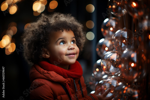 Cute African American little girl with admiration looking at Christmas decorations in store window. Glowing balls. Christmas and New Year concept. Generative Al.