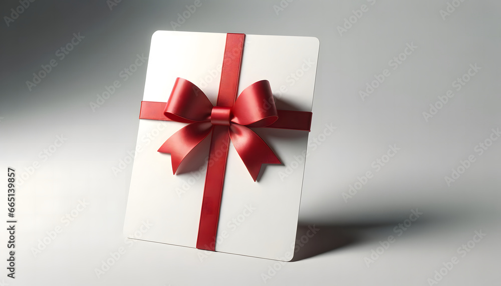 3D rendering of a blank white gift voucher, presented upright, adorned with a vibrant red ribbon bow. It stands isolated on a muted grey background, casting a soft shadow beneath it, embodying minimal 3D rendering of a blank white gift voucher, presented upright, adorned with a vibrant red ribbon bow. It stands isolated on a muted grey background, casting a soft shadow beneath it, embodying minimal