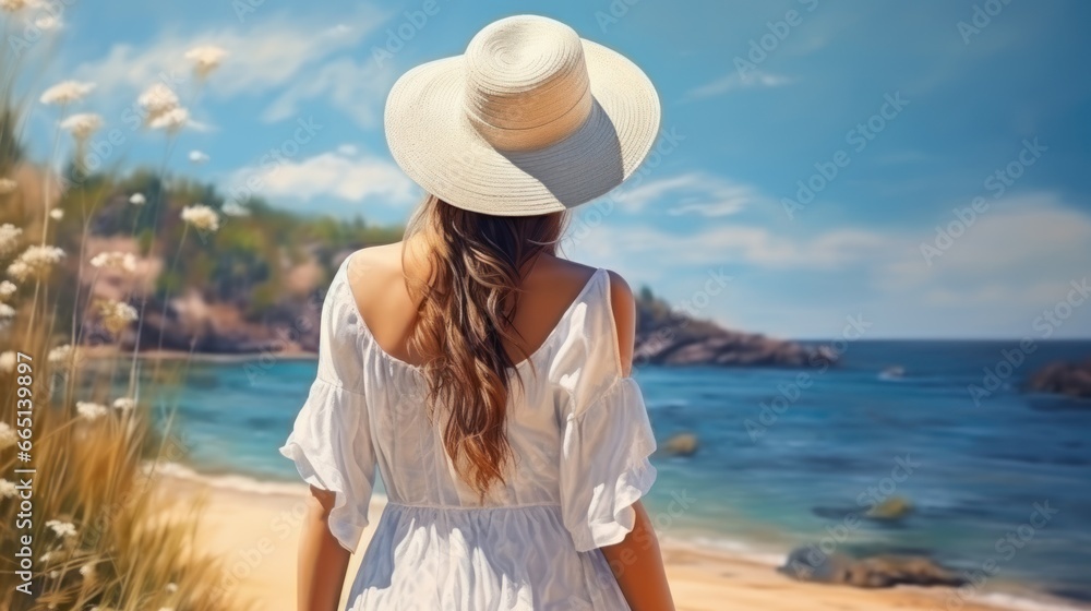 A beautiful attractive woman in a white dress and straw hat walks on the beach.