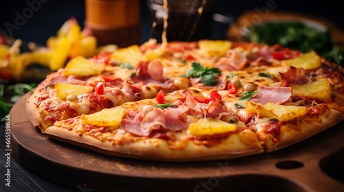A close-up of a Hawaiian pizza being served, capturing the sweetness of pineapple and the savory appeal of ham.