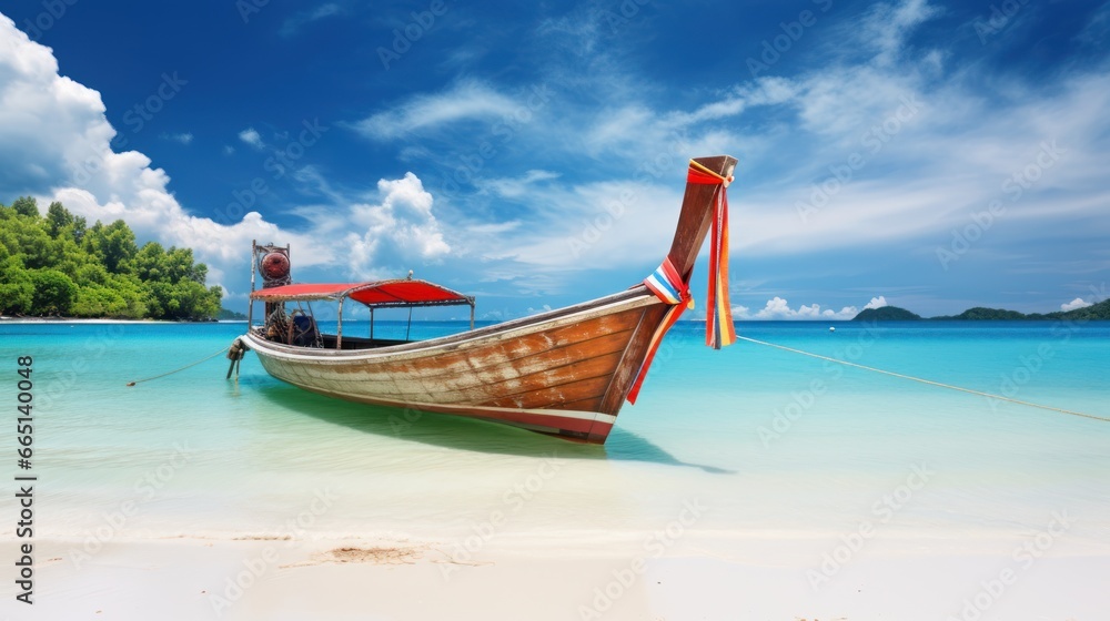 Longtale boat on the white beach at Phuket, Thailand, Summer holiday and vacation concept for tourism. Longtale boat on the white beach at Phuket, Thailand, Summer holiday and vacation concept for tourism.