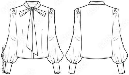 Women bow bishop sleeve blouse design flat sketch fashion illustration with front and back view. Casual wear blouse drawing vector template
