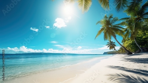 white sand with palm trees, an Amazing beach scene vacation, and a summer holiday concept. © inthasone