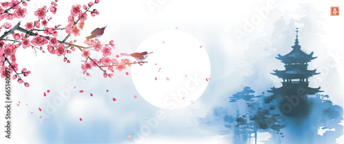 Landscape with Japanese pagoda, a blossoming sakura cherry blossom branch with two perched birds, set against the backdrop of the sun veiled in mist. Translation of hieroglyph - beauty
