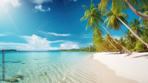 white sand with palm trees, an Amazing beach scene vacation, and a summer holiday concept.