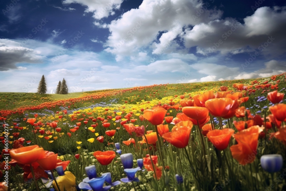 Colorful spring field with vibrant flowers. Generative AI