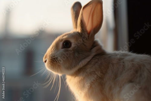 A bunny sits in front of a vivid backdrop with a blurred view of its head and ears  gazing sideways. Generative AI