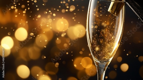 A close-up of a sparkling flute of champagne, ready for the midnight toast on New Year's Eve, with bubbles dancing and reflecting the room's lights.