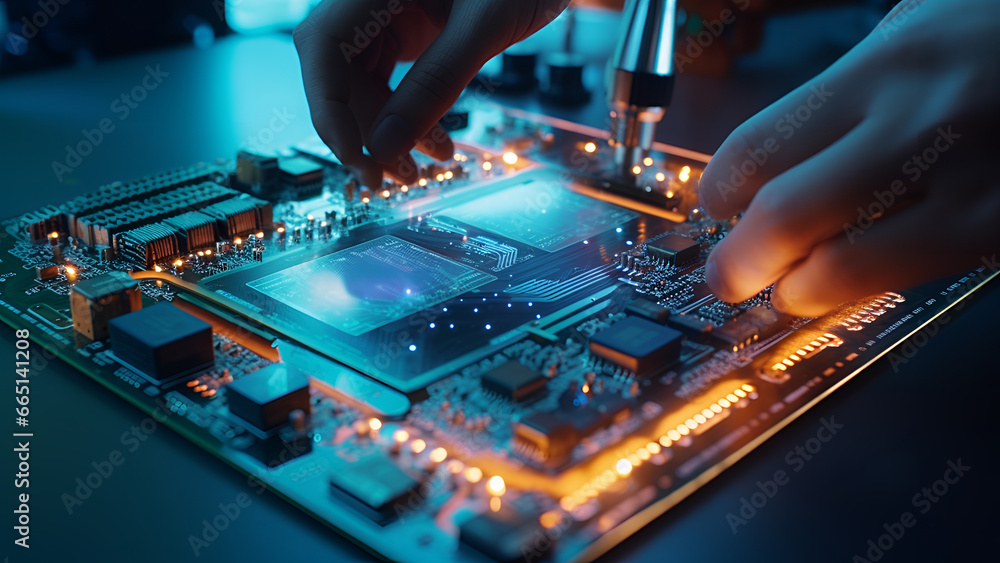 A scene of a high tech Al chip being developed in a laboratory. by