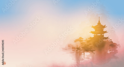 Serene scene with pagoda temple and a dawn sky, all beautifully painted in the Sumi-e style. Dreamy tranquil landscape in japanese style. Translation of hieroglyph - well-being
