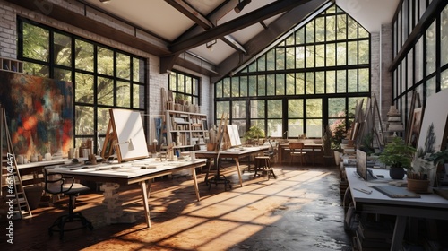 A contemporary art studio with natural light, workstations, and a gallery space.