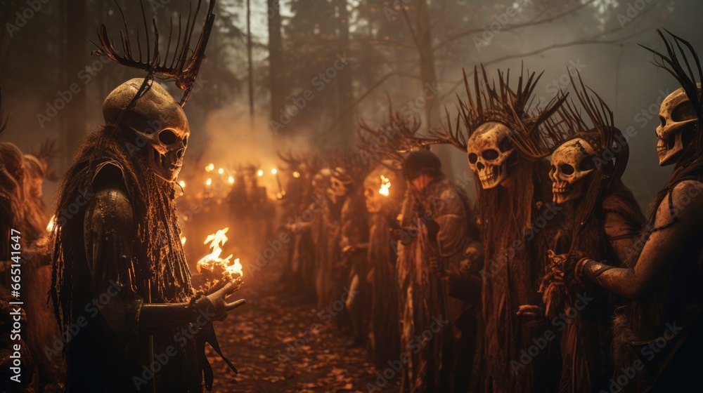 Pagan rituals of the old world. Participants wear animal skull masks and perform rites near a stone altar.