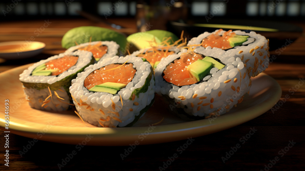 Sushi, maki, cuisine japonaise. Riz, saumon, avocat, sésame. Japon, cuisine traditionnelle, plat, nourriture. Pour conception et création graphique.