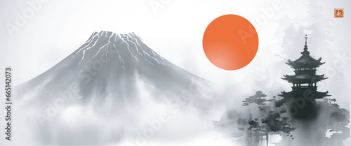 Serene sumi-e painting of Mount Fuji, a traditional pagoda, and a red sun. Traditional Japanese ink wash painting sumi-e. Translation of hieroglyph - eternity