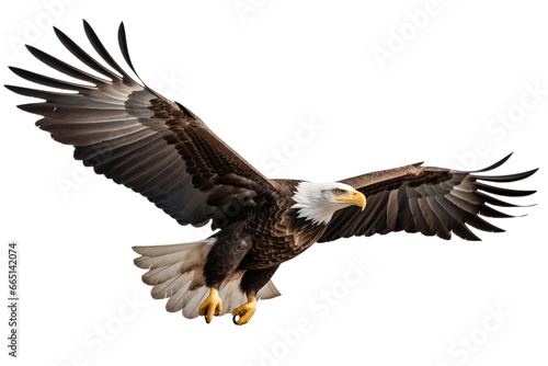 Majestic American bald eagle flying  spreading its wings in a graceful display.