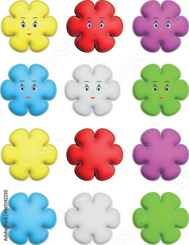 Set of buttons in the shape of flowers. Part of the collection with faces and part empty for other uses.