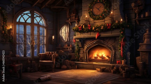 A cozy living room aglow with the warm light of a fireplace  stockings hung by the chimney with care