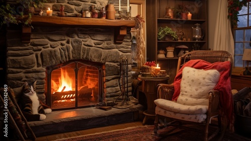 A cozy living room with a rocking chair by the fireplace, a cat napping, and stockings hanging from the mantel photo