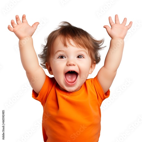 A little boy raised both his hands up in a happy mood. On a white background transparent.
