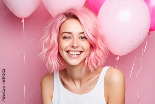 Portrait of attractive young girl in pink dress against background of pink helium party balloons. Birthday party © Adriana