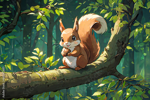 A cute squirrel is sitting on a tree branch. He is holding an acorn with both hands. anime style - Generative AI